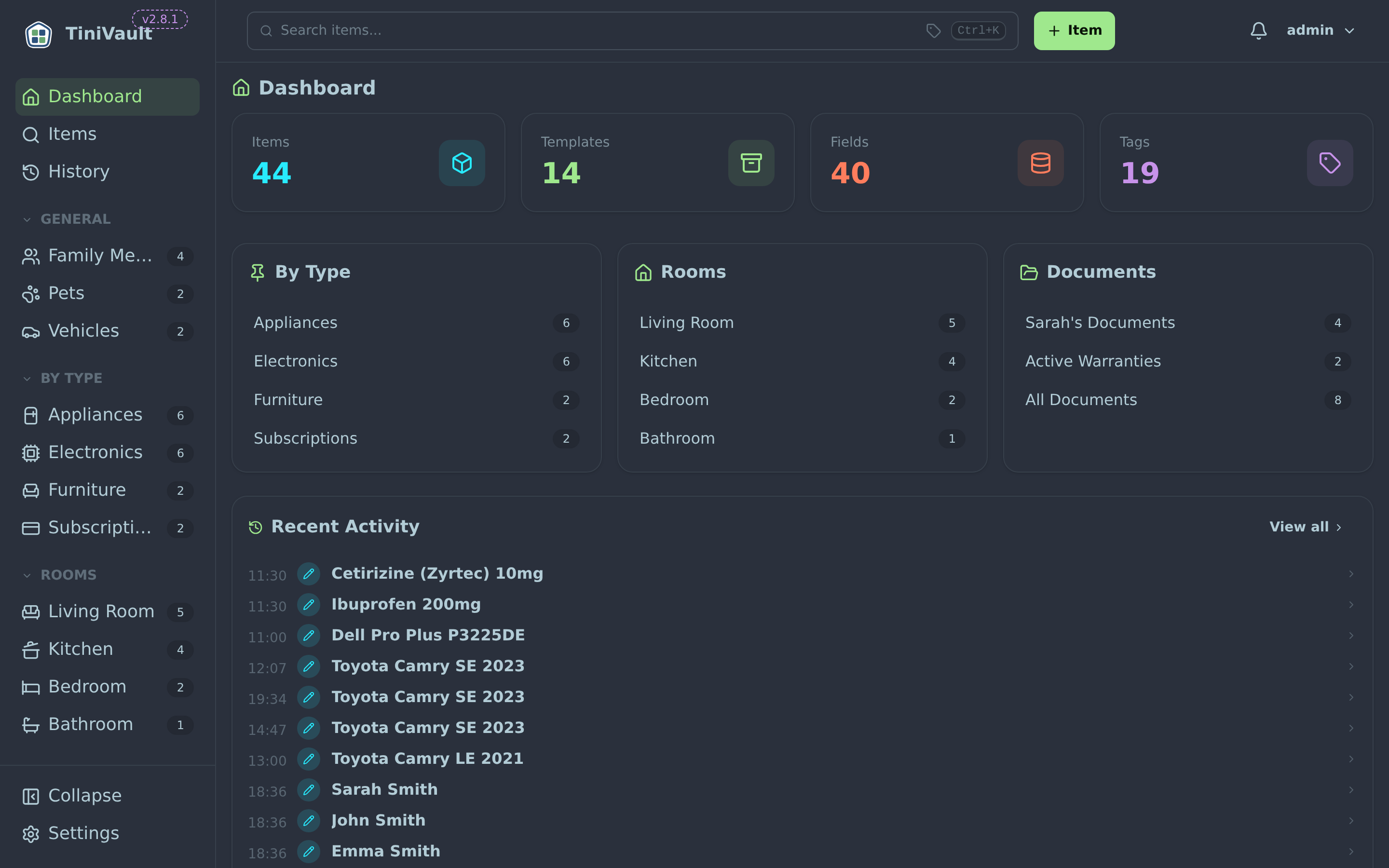 TiniVault dashboard showing items, saved views, and recent activity